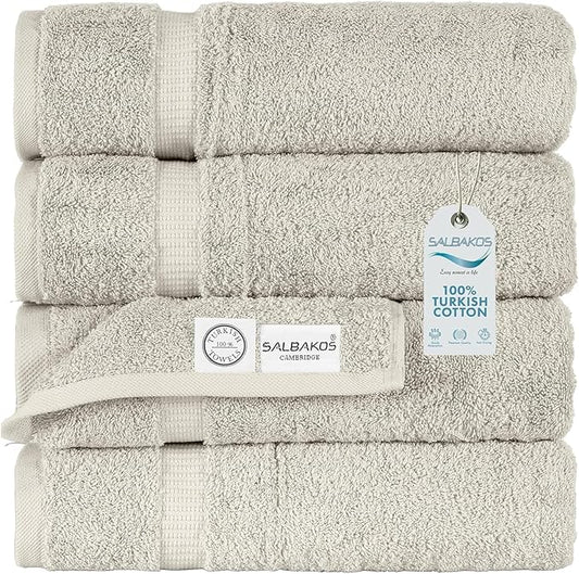 SALBAKOS 100% Turkish Cotton Bath Towel Set of 4 27x54 inch | Heirloom Quality | Hotel & Spa Collection | Ultra Soft, Super Absorbent, Long Lasting Bath Towels | Made in Turkey (Stone, 4 Bath Towels)