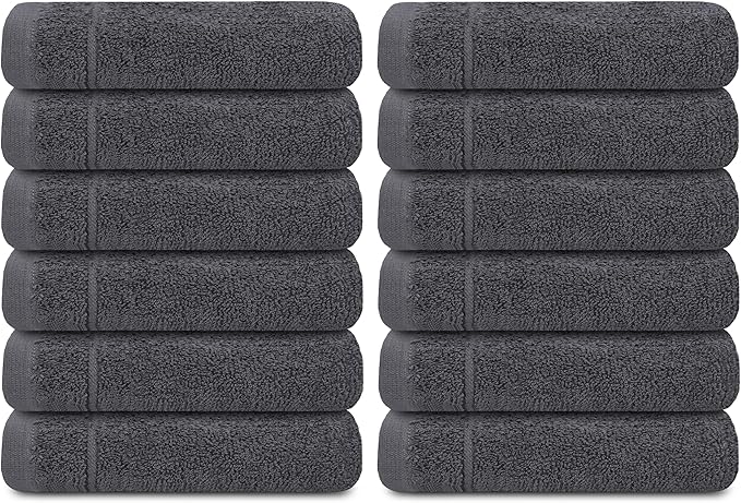 Tens Towels Pack of 12 Washcloths, 12 x 12 Inches, Lighter Weight, Quick to Dry, Super Soft & Absorbent, Gentle Face Towels, Hotel Quality, Perfect for Bathroom, Gym, Spa (Dark Grey, 12 Pack)