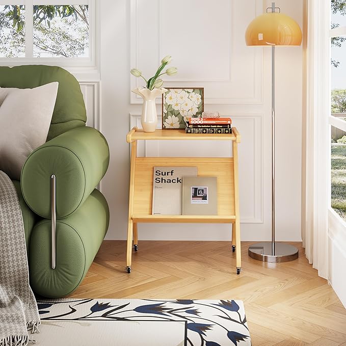 ZIYOO Solid Wood Mobile Side Table with Lockable Wheels, Multi-Functional Rolling End Table & Nightstand for Bedroom/Living Room, Small Spaces, Natural Bamboo