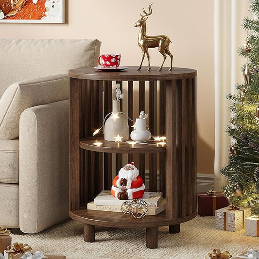 Round End Table, Wood Bedside Table, Mid Century Modern Nightstand with Open Storage Shelf, 3 Tier Small Side Tables for Living Room, Bedroom, Curved Profile Design, Walnut(1-Pack)