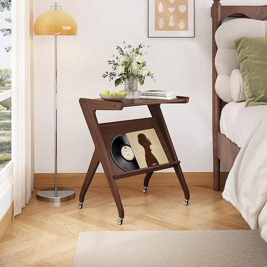 ZIYOO Solid Wood Mobile Side Table with Lockable Wheels, Multi-Functional Rolling End Table & Nightstand for Bedroom/Living Room, Small Spaces, Walnut