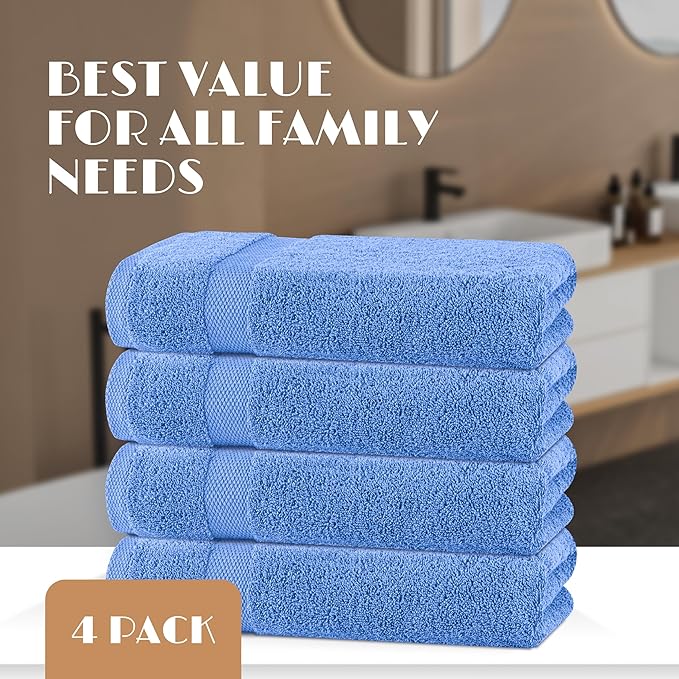 White Classic Light Blue Bath Towels 27x54 Inch, Cotton Towel Set for Bathroom, Hotel, Gym, Spa, Soft Extra Absorbent Quick Dry 4 Pack