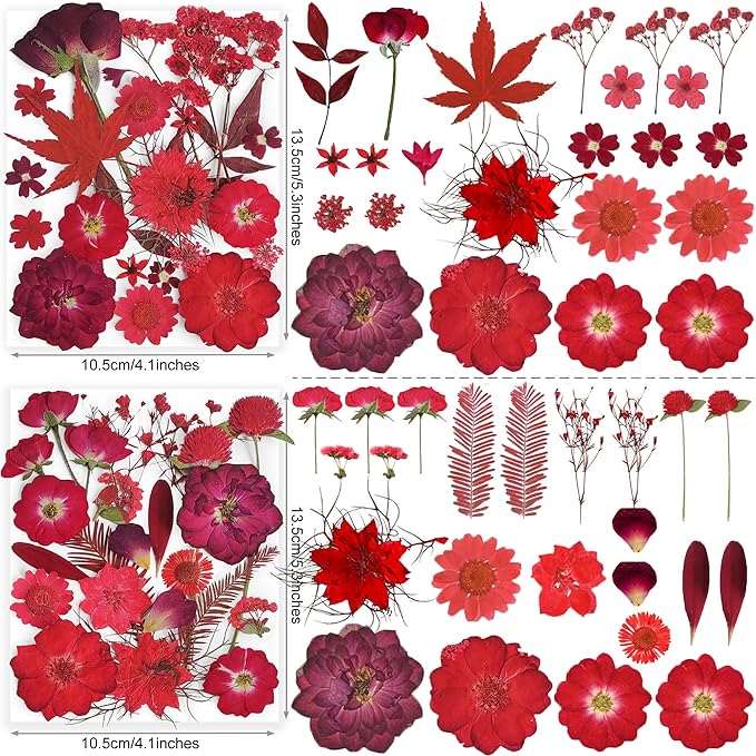 150PCS Red Dried Pressed Flowers with Butterfly Stickers - YouthBro Real Nature Flowers Herb Set for Resin DIY Jewelry Candle Soap Vase Making Nail Card Scrapbook Art Craft Floral Decors