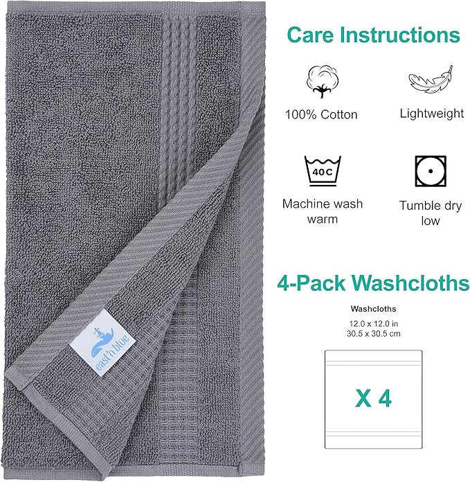 EastNBlue Lara 100% Turkish Cotton Washcloths 4 Pack, Extra Soft & Absorbent Wash Cloths for Face & Body (12" x 12"), Terry Cloth, Small Hand Towels for Bathroom, Dark Grey