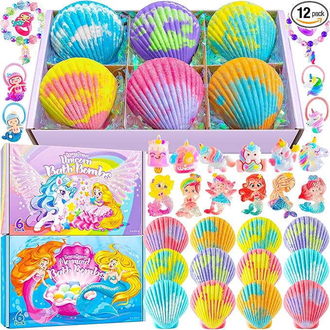 Shell Bath Bombs for Girls – 12 Pack Child-Safe Aromatherapy Bath Bombs with 20 Surprise Toys Inside, 6 Fruity Scents in 2 Gift Boxes (Mermaid & Unicorn Themes), Christmas Gift for Kids