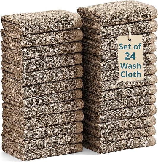 Casa Platino Washcloths 24 Pack - Spa & Salon Quality - 100% Ring Spun Mercerized Cotton Face Towels - Very Soft & Absorbent Wash Cloths for Body, Beauty, Home, Gym - Fingertip Towels - 13"x13", Taupe