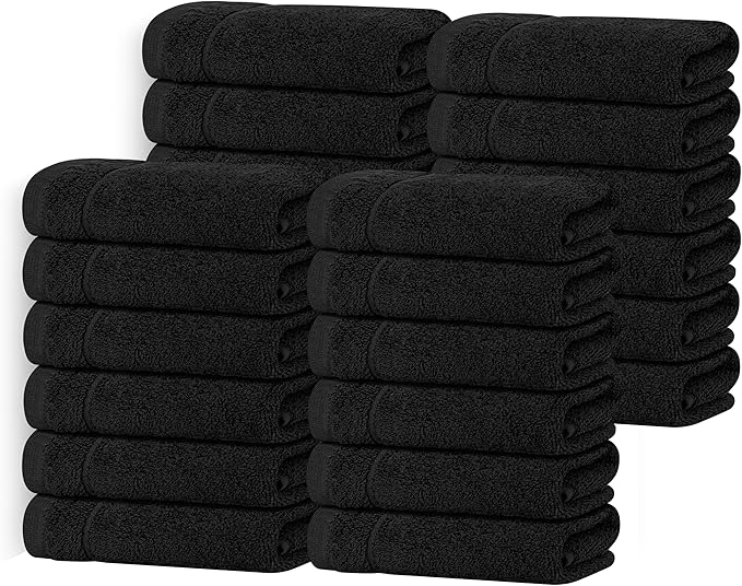 Tens Towels Pack of 24 Washcloths, 12 x 12 Inches, Lighter Weight, Quick to Dry, Super Soft & Absorbent, Gentle Face Towels, Hotel Quality, Perfect for Bathroom, Gym, Spa (Black, 24 Pack)