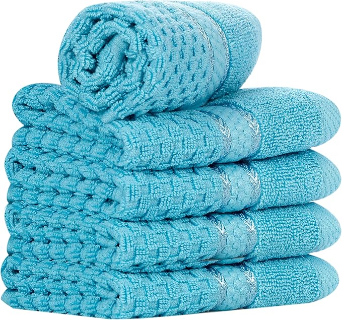 Ample Decor Sky Blue Wash Cloth Set of 5 100% Cotton - Quick Dry, Highly Absorbent, Popcorn Textured - Mulaayam Collection - 12 X 12 Inch