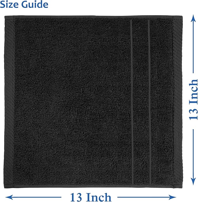 Casa Platino 100% Cotton Washcloths 12 Pack - Spa & Salon Quality Face Towels - Ring Spun, Soft & Absorbent Wash Cloths for Body, Beauty, Home, Gym - Fingertip Towels Set- 13"x13", Black Towel Set
