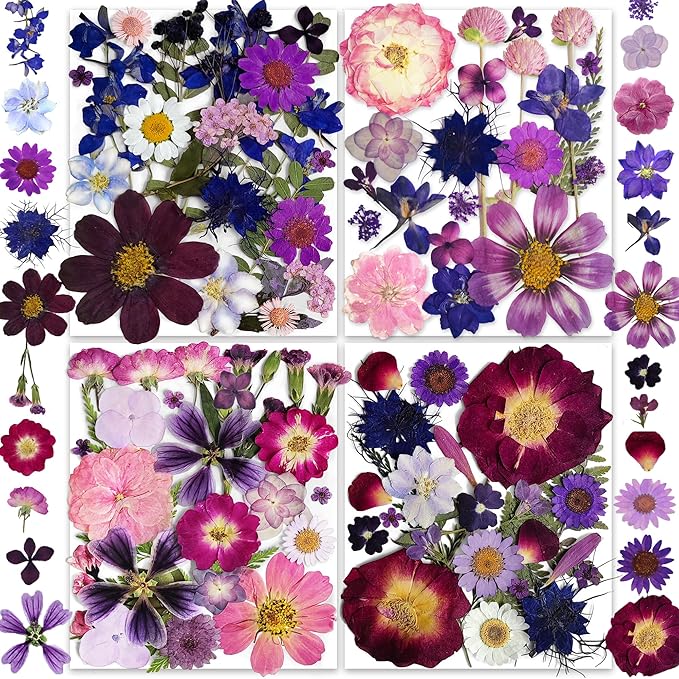 150PCS Purple Dried Pressed Flowers with Butterfly Stickers - YouthBro Real Nature Flowers Set for Resin DIY Jewelry Candle Soap Vase Making Nail Card Scrapbook Art Craft Floral Decors