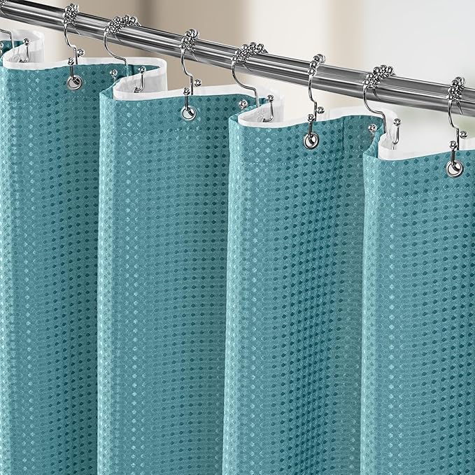 3 in 1 Shower Curtain Set, Waffle Shower Curtain and Liner Set with 12 Double Sided Shower Curtain Hooks, 258GSM Luxury Weighted Cloth Shower Curtains for Bathroom, 72 W x 72 H, Teal
