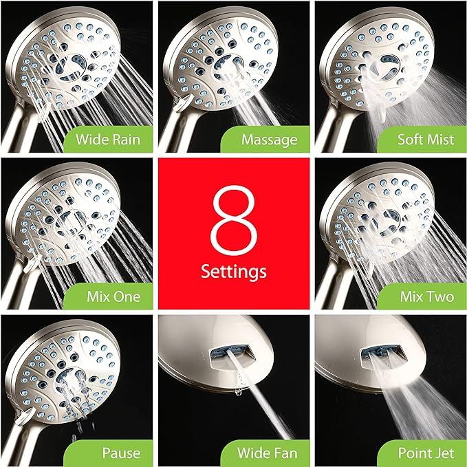 Hotel Spa AquaCare High Pressure 8-mode Handheld Shower Head, Anti-clog Nozzles, Built-in Power Wash to Clean Tub, Tile & Pets, Extra Long 6 ft. Stainless Steel Hose, Wall & Overhead Brackets