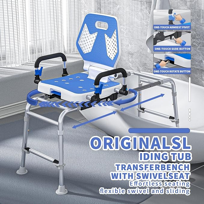Sliding Shower Chair Swivel Tub Transfer Bench with Backrest with Non Slip Suction Cups 400lbs Weight Capacity Adjustable Height Shower Seat for Elderly Disabled Bathing Inside Shower