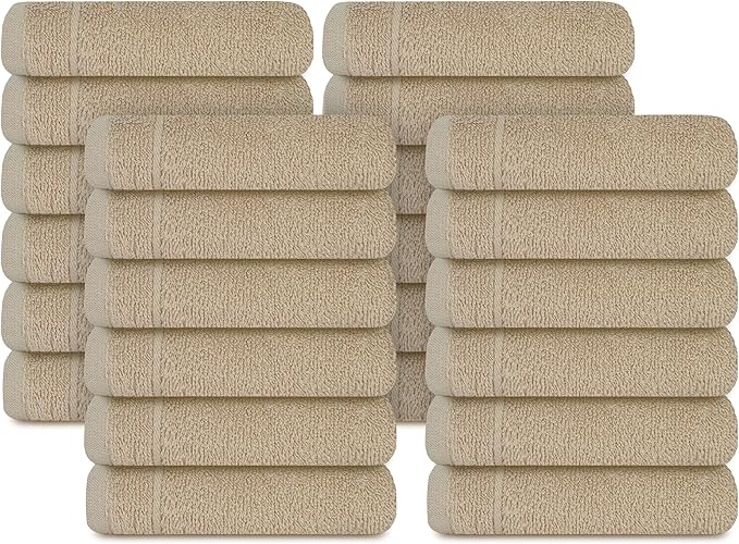 Tens Towels Pack of 24 Washcloths, 12 x 12 Inches, Lighter Weight, Quick to Dry, Super Soft & Absorbent, Gentle Face Towels, Hotel Quality, Perfect for Bathroom, Gym, Spa (Beige, 24 Pack)