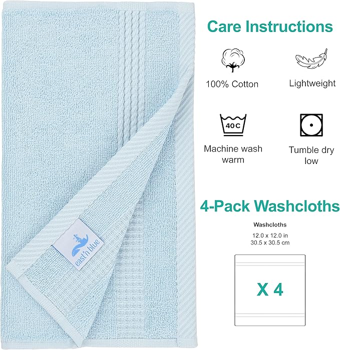 EastNBlue Lara 100% Turkish Cotton Washcloths 4 Pack, Extra Soft & Absorbent Wash Cloths for Face & Body (12" x 12"), Terry Cloth, Small Hand Towels for Bathroom, Ice Blue