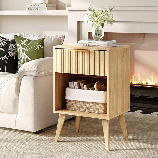 Fluted Night Stand with Opening Storage,Mid Century Bedside Table with Drawer,Wood Nightstand with Solid Wood Legs,End Table Side Table for Living Room,Bedroom,Natural CTG56Y