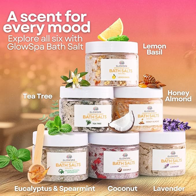 Bath Salts Gift Set for Women – Pack of 6 Scents: Lavender, Rose, Chamomile, Eucalyptus, Coconut, Orange – Epsom Salt Gift Set, Bath Crystals for Women Relaxing, Self Care Gift for Mom