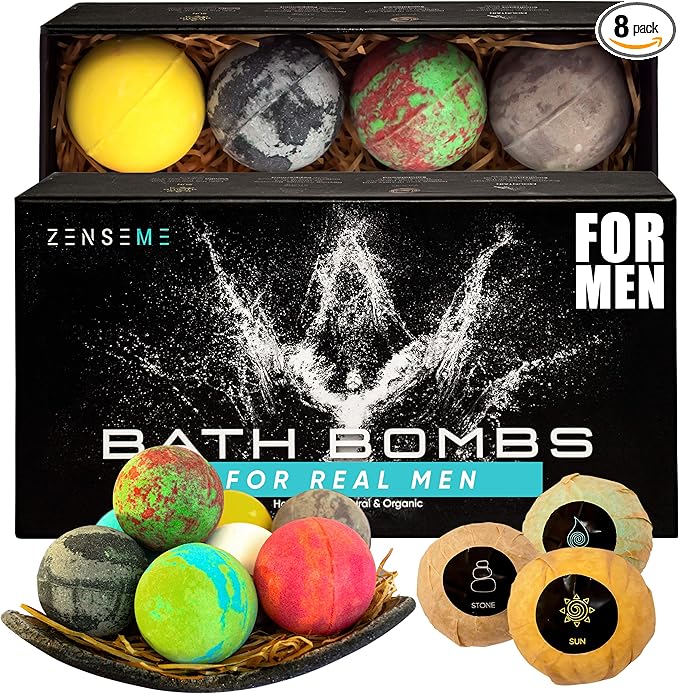 Bath Bombs for Men, Gift Set of 8 Scented Organic Handmade Bath Bombs of 2.5 oz with Natural Essential Oils for Boyfriend, Husband, Father or Friend, by ZenseMe
