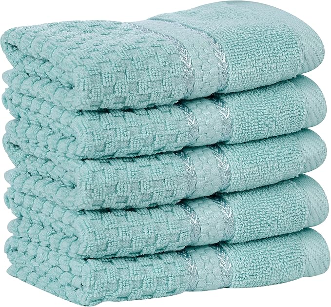 Ample Decor Mint Green Wash Cloth Set of 5 100% Cotton - Quick Dry, Highly Absorbent, Popcorn Textured - Mulaayam Collection - 12 X 12 Inch