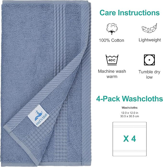 EastNBlue Lara 100% Turkish Cotton Washcloths 4 Pack, Extra Soft & Absorbent Wash Cloths for Face & Body (12" x 12"), Terry Cloth, Small Hand Towels for Bathroom, Navy Blue