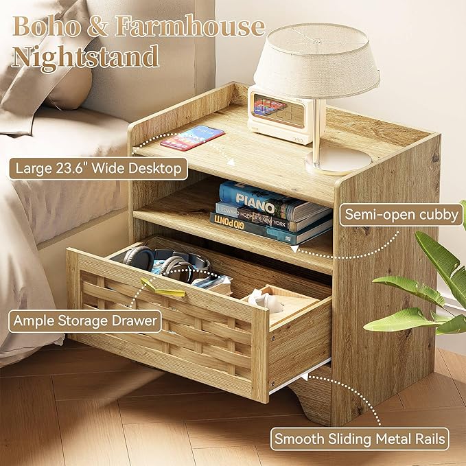 24" Rattan Nightstand Set of 2, Oak Bedside Table with Semi Open Cubby, Boho Night Stand with Farmhouse Arched Base for Bedroom, Side Table, End Table for Dorm