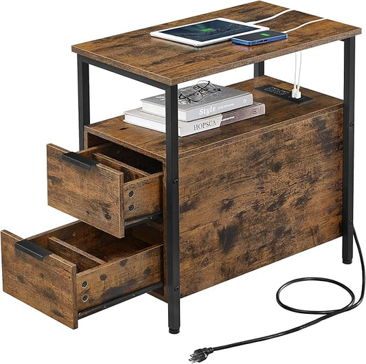 VASAGLE Side End Table with Charging Station, Slim Nightstand with 2 Drawers, Narrow Bedside Table for Living Room, Small Spaces, Rustic Brown and Ink Black ULET321B01