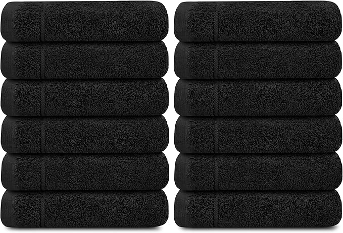 Tens Towels Pack of 12 Washcloths, 12 x 12 Inches, Lighter Weight, Quick to Dry, Super Soft & Absorbent, Gentle Face Towels, Hotel Quality, Perfect for Bathroom, Gym, Spa (Black, 12 Pack)
