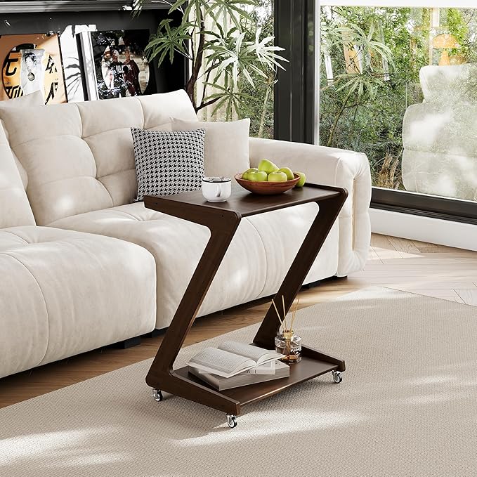 ZIYOO Solid Wood Rolling End Table with Lockable Wheels, Bamboo Couch Side Table That Slides Under Sofa/Bed, Mobile Snack Table for Living Room, Bedroom, Small Spaces, Walnut