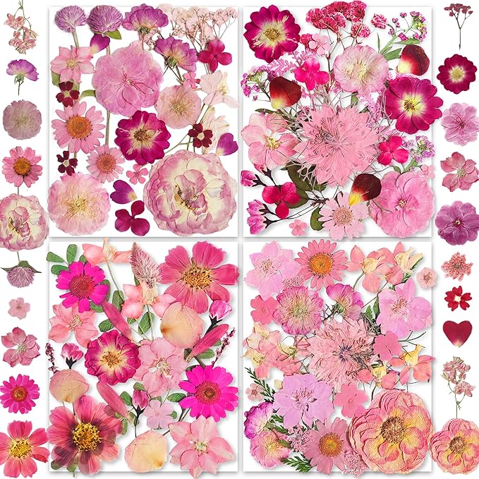 148PCS Pink Dried Pressed Flowers with Butterfly Stickers - YouthBro Real Nature Flowers Craft Set for Resin Jewelry Candle Soap Vase Making Nail Card Scrapbook Art Floral Decors