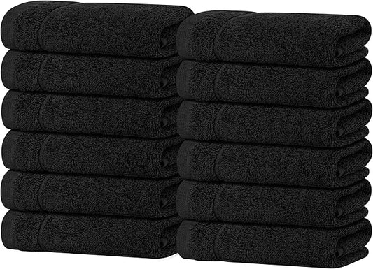 Tens Towels Pack of 12 Washcloths, 12 x 12 Inches, Lighter Weight, Quick to Dry, Super Soft & Absorbent, Gentle Face Towels, Hotel Quality, Perfect for Bathroom, Gym, Spa (Black, 12 Pack)