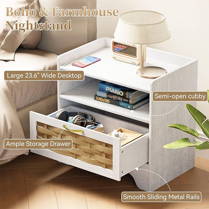 24" Rattan Nightstand with Storage Drawer, White Bedside Table with Semi Open Cubby, Boho Night Stand with Farmhouse Arched Base for Bedroom, Side Table, End Table for Dorm