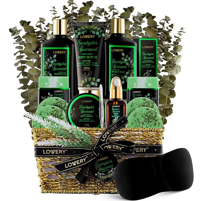 Christmas Eucalyptus Spearmint Bath Set, Home Spa Set with Natural Mint Fragrance, 17 Pcs Gift Basket, Eucalyptus Bath Oil, Shower Gel, Bubble Bath, Bath Crystal, Steamer Tablet & More, Birthday Gift