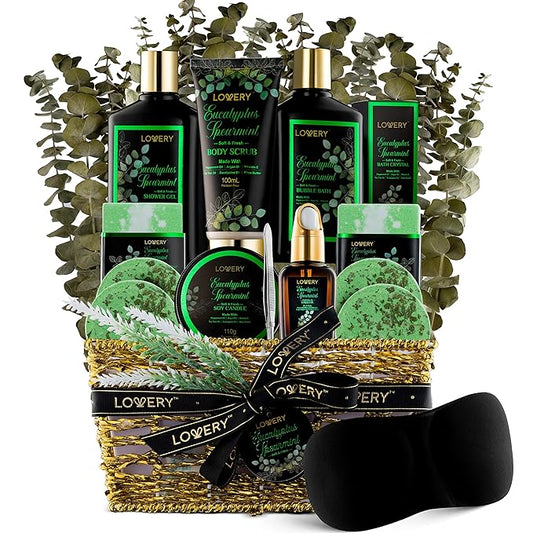 Christmas Eucalyptus Spearmint Bath Set, Home Spa Set with Natural Mint Fragrance, 17 Pcs Gift Basket, Eucalyptus Bath Oil, Shower Gel, Bubble Bath, Bath Crystal, Steamer Tablet & More, Birthday Gift