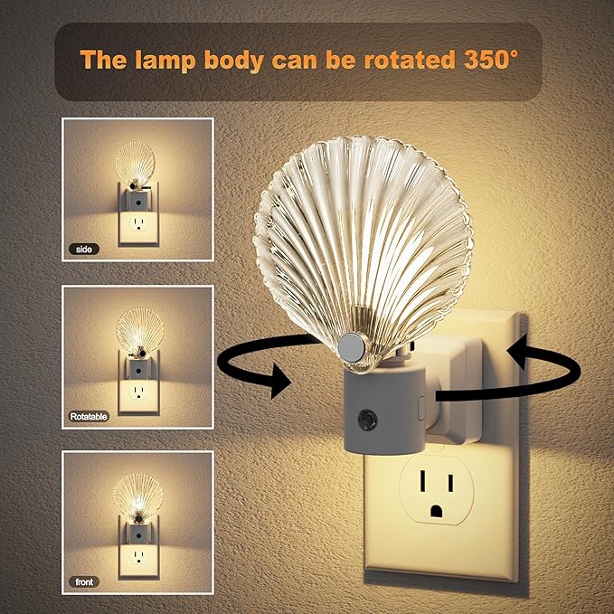 JandCase Night Light, Night Lights Plug into Wall, Dusk to Dawn Sensor Seashell Nightlights, 3000K Soft White Brightness Adjustable Nightlight for Kids Bedroom Hallway Kitchen