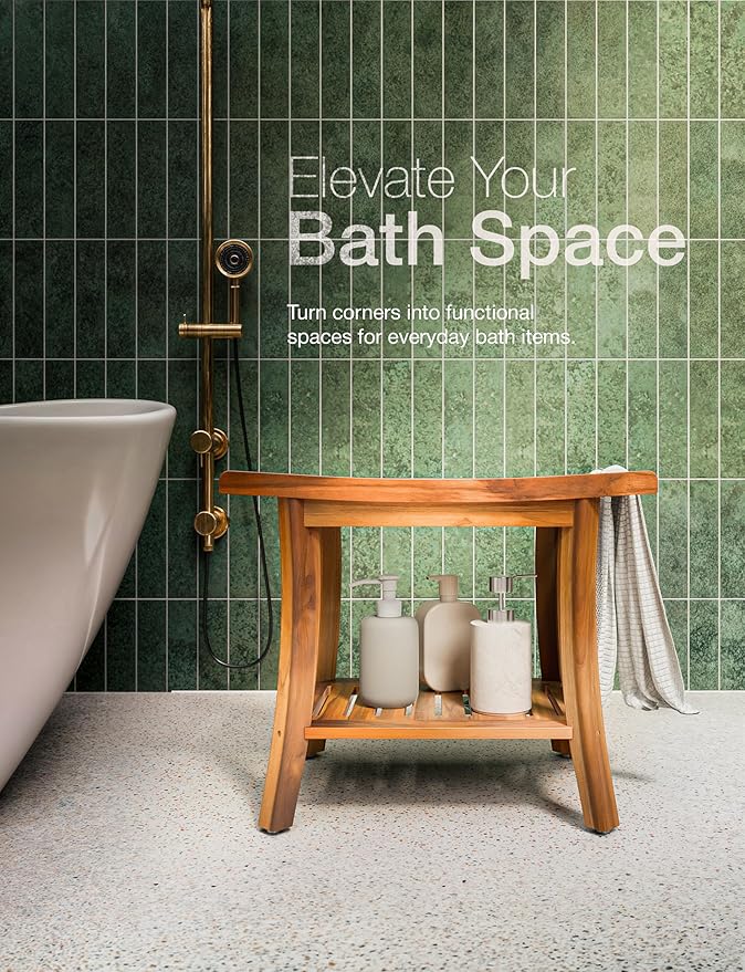 Tinamo 22" Teak L Shower Bench Seat for Inside Shower - 400Lbs Capacity - Wooden Shower Bench with Shelf - Bathroom Bench and Teak Shower Stool for Spa and Bath - Wood Bench for Relaxing Bath