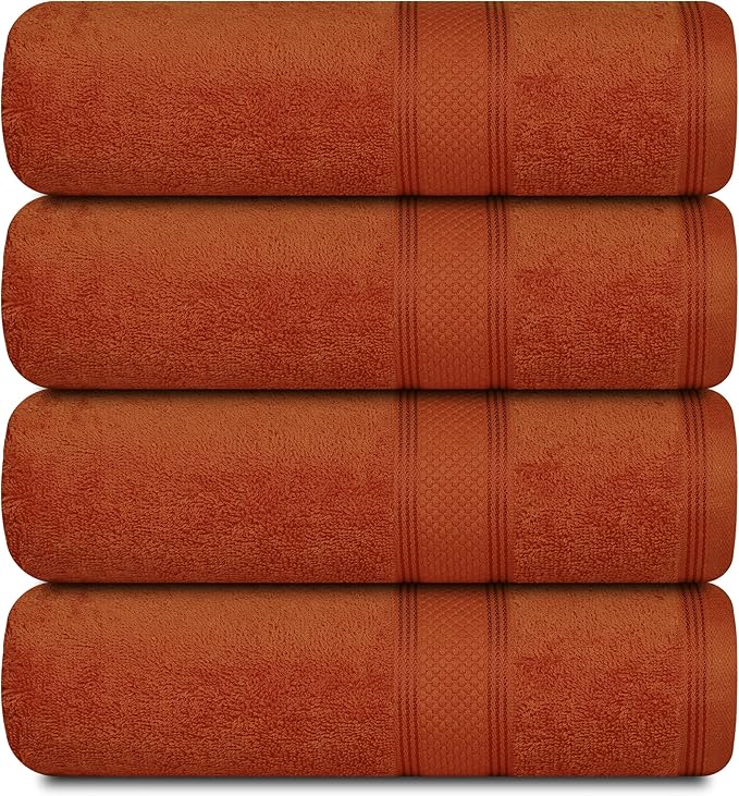 Casa Lino Coral Orange Bath Towels Set of 4 (54" x 27") - Large Bathroom Towel Set - 100% Cotton Towels for Bathroom - Highly Absorbent & Quick Dry Bath Towel Multipack - New Apartment Essentials