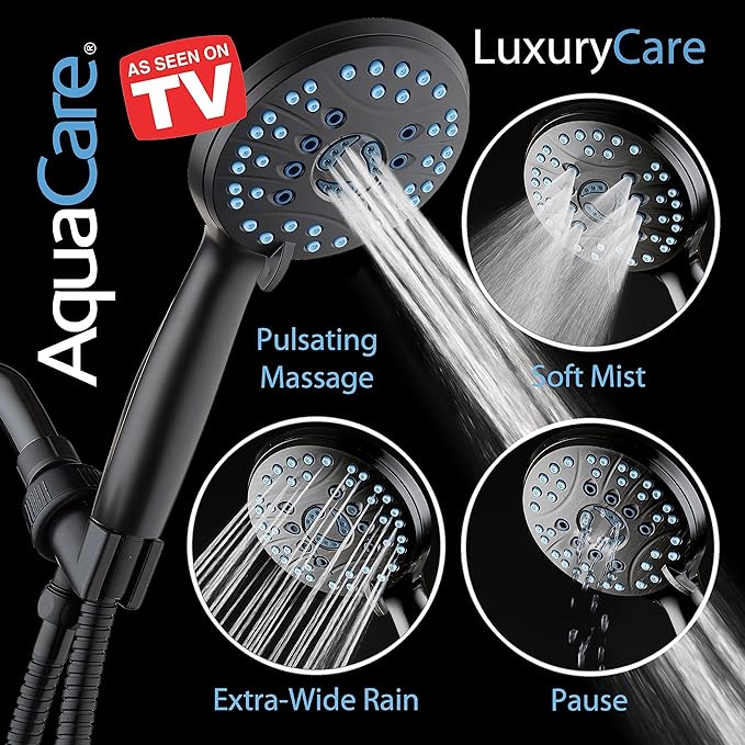 AquaCare High Pressure 8-mode Handheld Shower Head - Anti-clog Nozzles, Built-in Power Wash to Clean Tub, Tile & Pets, Extra Long 6 ft. Stainless Steel Hose, Wall & Overhead Brackets