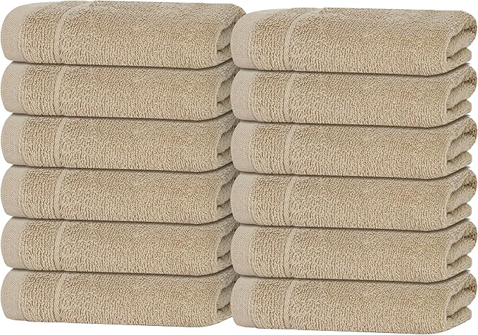 Tens Towels Pack of 12 Washcloths, 12 x 12 Inches, Lighter Weight, Quick to Dry, Super Soft & Absorbent, Gentle Face Towels, Hotel Quality, Perfect for Bathroom, Gym, Spa (Beige, 12 Pack)