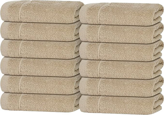 Tens Towels Pack of 12 Washcloths, 12 x 12 Inches, Lighter Weight, Quick to Dry, Super Soft & Absorbent, Gentle Face Towels, Hotel Quality, Perfect for Bathroom, Gym, Spa (Beige, 12 Pack)