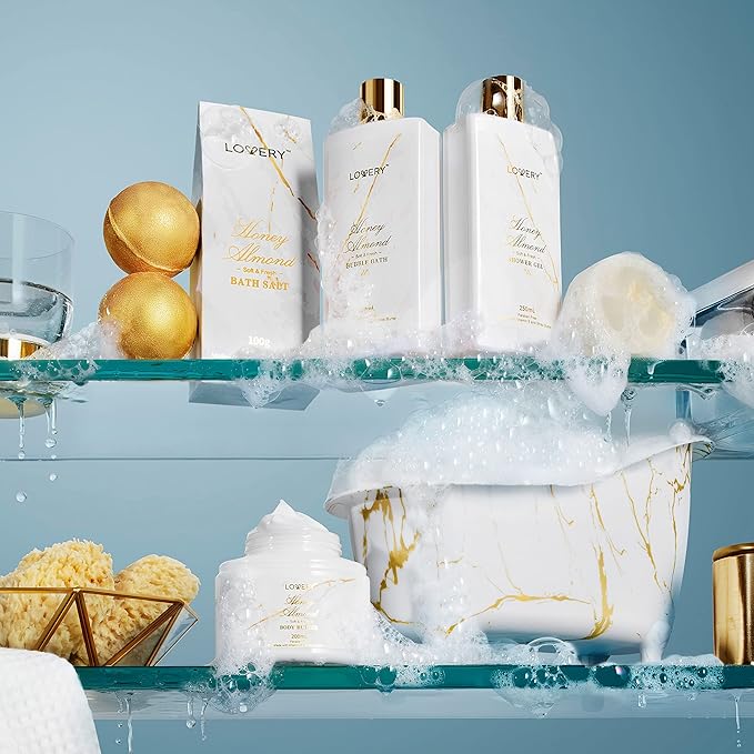 Christmas Gifts for Mom, Gift Basket, Spa Gifts For Women, 31Pc Self Care Kit, Stress Relief Gift, Birthday, Thank You, Honey Almond Bath and Body Gift - Toiletry Bag, Nail Kit, Bath Bombs & More