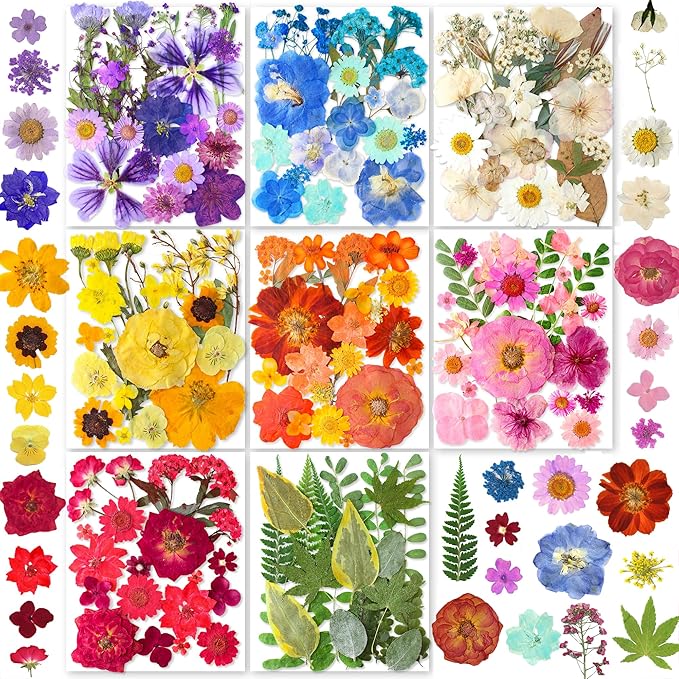 269PCS Dried Pressed Flowers for Resin Craft - YouthBro Real Nature Flowers Set with Butterfly Stickers for DIY Jewelry Nail Scrapbook Art Floral Decors Iridescent