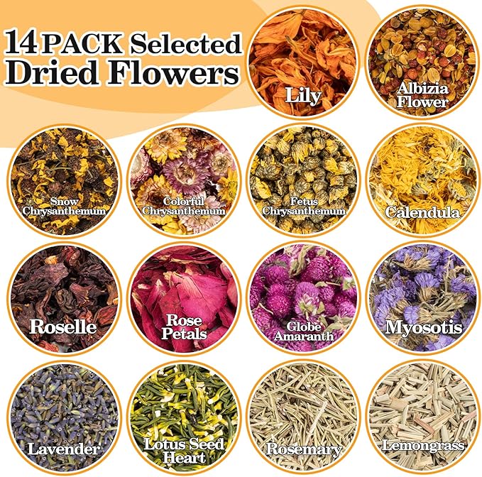 Sukh Dried Herbs Kit - Dried Botanicals Bulk,14 Bags Natural Dry Flowers and Herbs for Soap,Candle,Perfume,Bath Bombs,Resin Jewelry Making Supplies,Fragrance Sachet DIY and Witchcraft