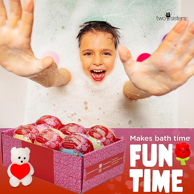 Valentines Bath Bombs for Kids with Surprise Heart Toys Inside (6 Pack) - Bubble Bath, USA Made, Kids Safe Ingredients, Fruity Scents, Gifts for Kids & Women by Two Sisters