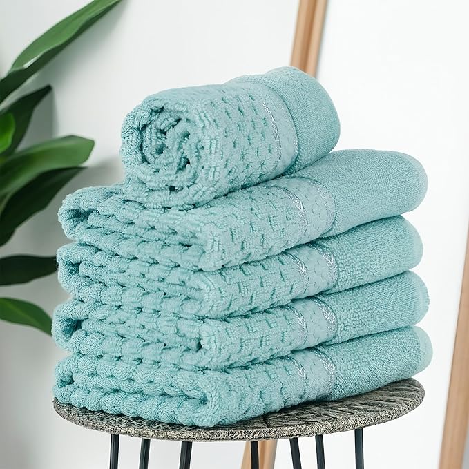 Ample Decor Mint Green Wash Cloth Set of 5 100% Cotton - Quick Dry, Highly Absorbent, Popcorn Textured - Mulaayam Collection - 12 X 12 Inch