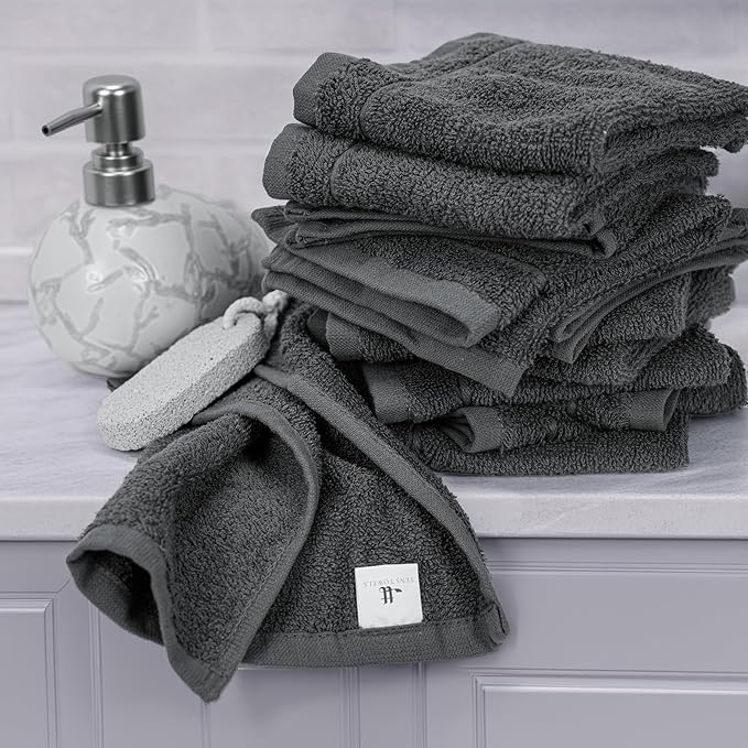 Tens Towels Pack of 60 Washcloths, 12 x 12 Inches, Lighter Weight, Quick to Dry, Super Soft & Absorbent, Gentle Face Towels, Hotel Quality, Perfect for Bathroom, Gym, Spa, Dark Grey