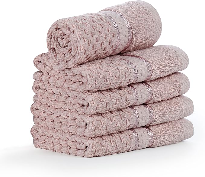 Ample Decor 100% Cotton Soft Pink Washcloths Set of 5 - Super Soft, Quick-Dry, Highly Absorbent, Popcorn Textured - Mulaayam Collection - 12 X 12 Inch