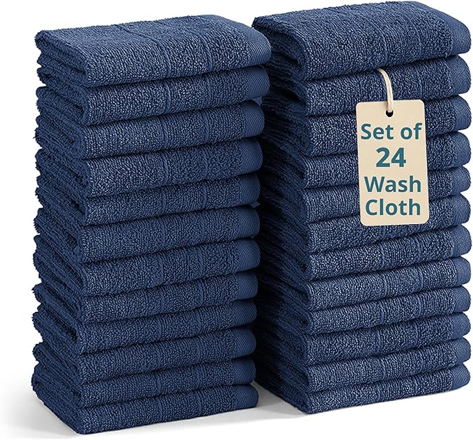 Casa Platino Washcloths Pack of 24 - Spa & Salon Quality - 100% Ring Spun Cotton Face Cloths - Soft & Ultra Absorbent Wash Cloth Set for Body, Beauty, Home, Gym - Fingertip Towels - 13"x13", Navy Blue