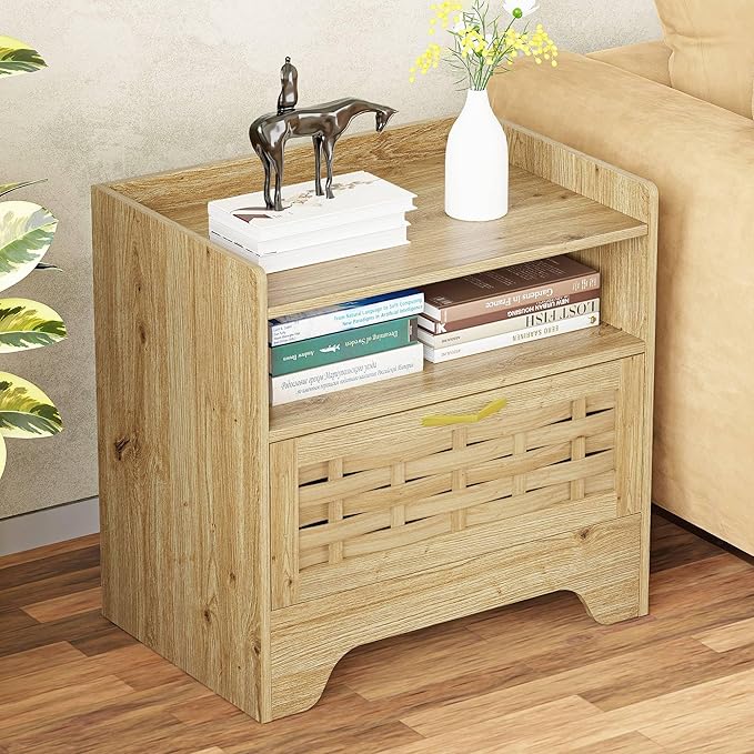 24" Rattan Nightstand Set of 2, Oak Bedside Table with Semi Open Cubby, Boho Night Stand with Farmhouse Arched Base for Bedroom, Side Table, End Table for Dorm