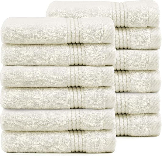 EastNBlue Lara 100% Turkish Cotton Washcloths 12 Pack, Extra Soft & Absorbent Wash Cloths for Face & Body (12" x 12"), Terry Cloth, Small Hand Towels for Bathroom, Cream