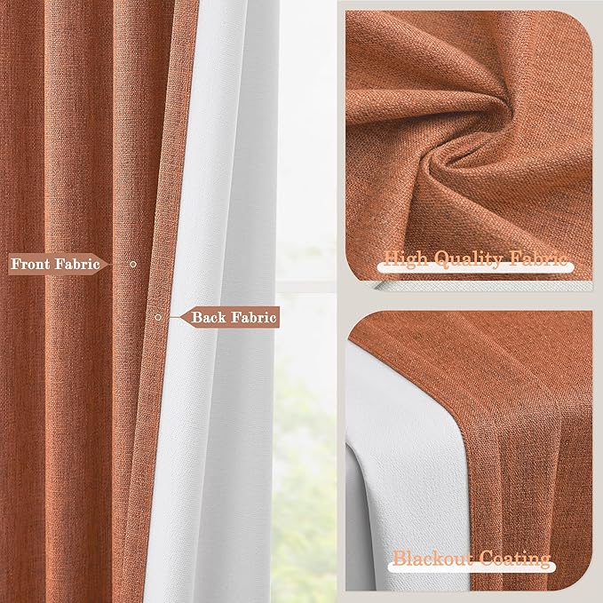 100% Blackout Curtains 90 Inch Thermal Insulated Room Darkening Drapes for Bedroom & Living Room, Terracotta, 2 Panels Set with Back Tab, Light Blocking Window Treatment